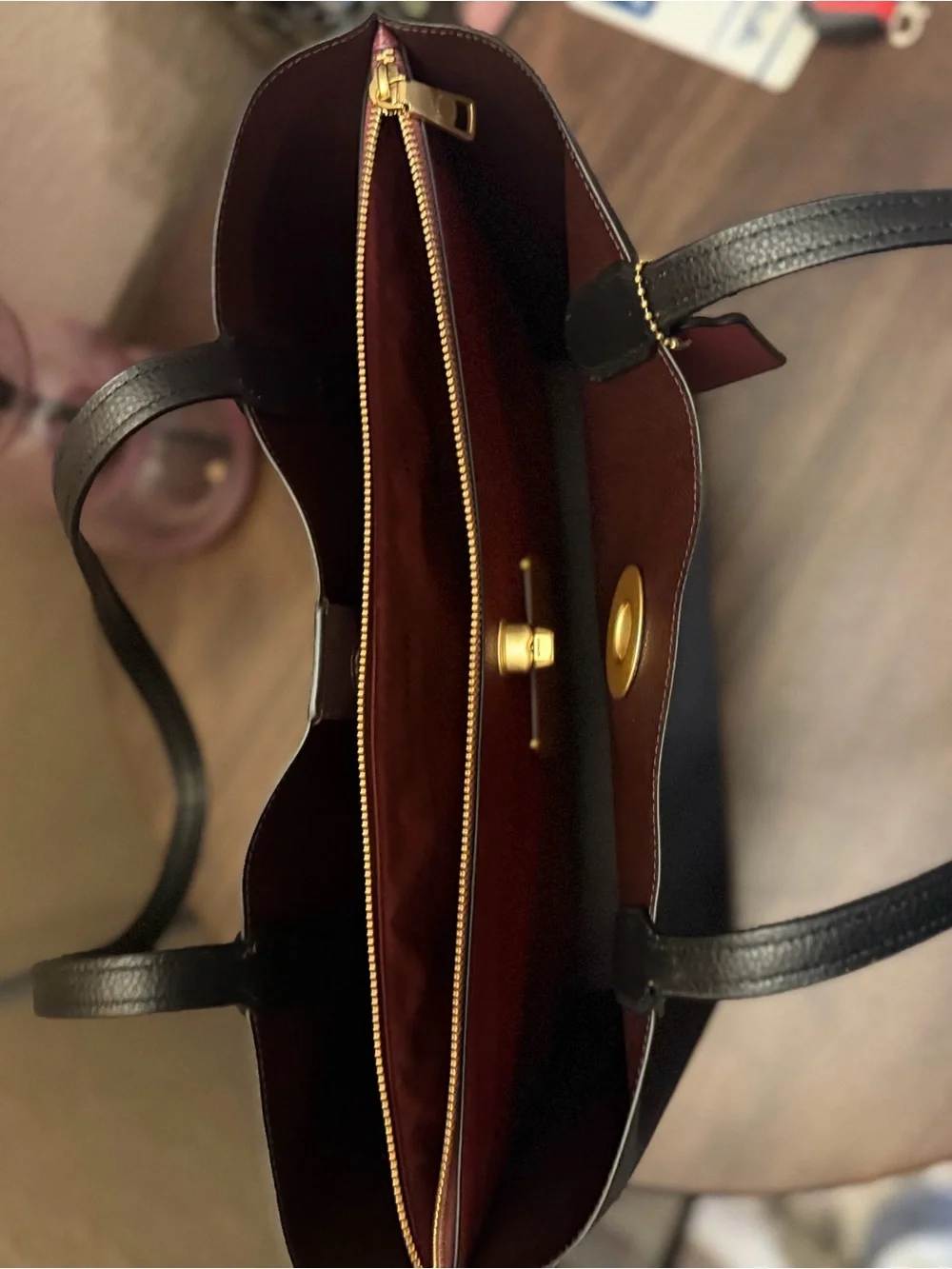 Coach Black Pebbled Leather Willow Tote with Burgundy Tag and Trim